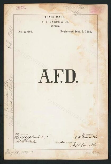 [Trademark registration by A. F. Damon & Co. for A.F.D
