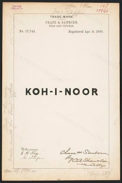 [Trademark registration by Chase & Sanborn for Koh-I-Noor brand Teas and Coffees]