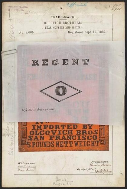 [Trademark registration by Olcovich Brothers for Regent brand Teas, Coffees and Spices]