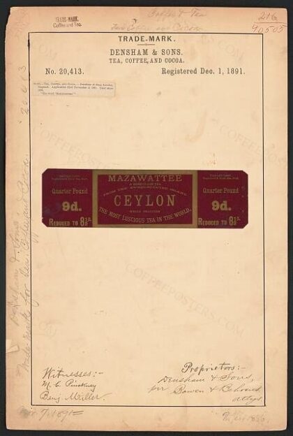 [Trademark registration by Densham & Sons for Mazawattee Ceylon brand Tea, Coffee, and Cocoa]