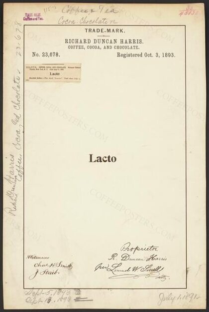 [Trademark registration by Richard Duncan Harris for Lacto brand Coffee, Cocoa, and Chocolate]