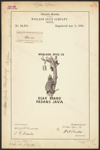 [Trademark registration by Woolson Spice Company for Bear Brand Padang Java brand Coffee]