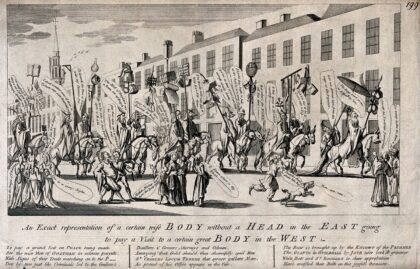 Aldermen of the City of London Corporation represented as Chinese and as monsters in procession to Westmins…