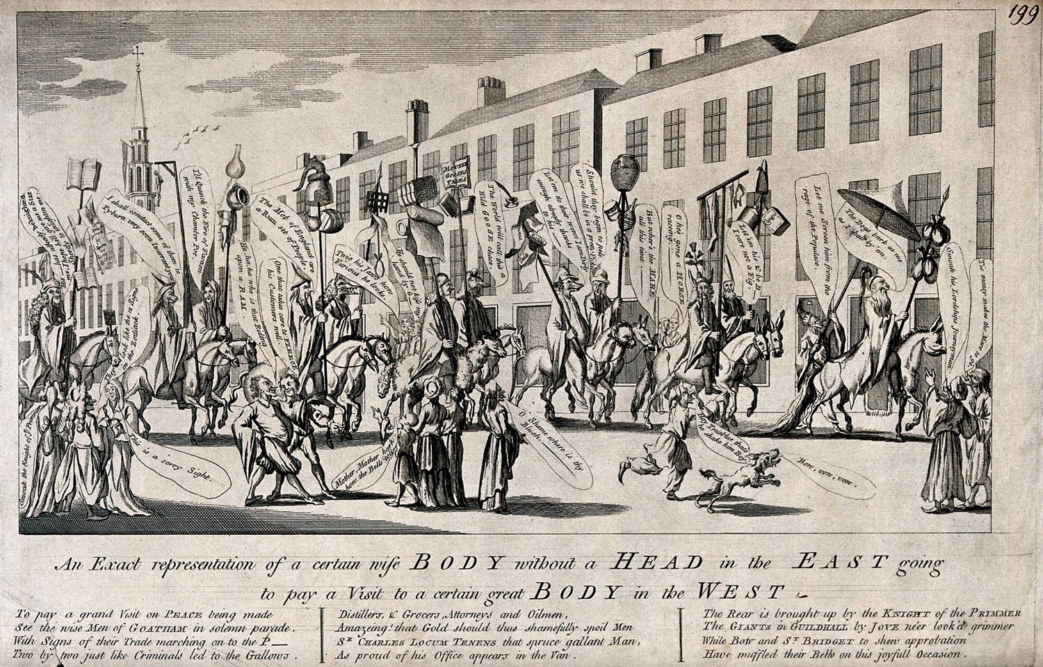 Aldermen of the City of London Corporation represented as Chinese and as monsters in procession to Westmins…