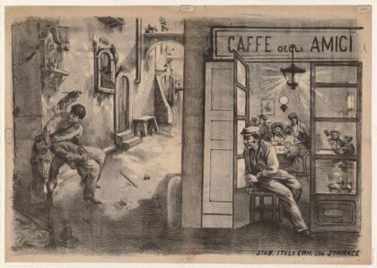 [Sans lettre] [Scène de meurtre devant un café] : [affiche sans lettre]
