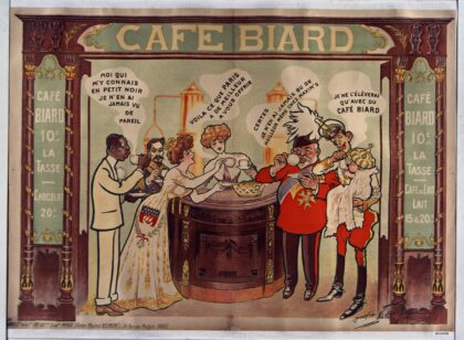 Café Biard, café 10 c la tasse, chocolat 20 c, café au lait, ..