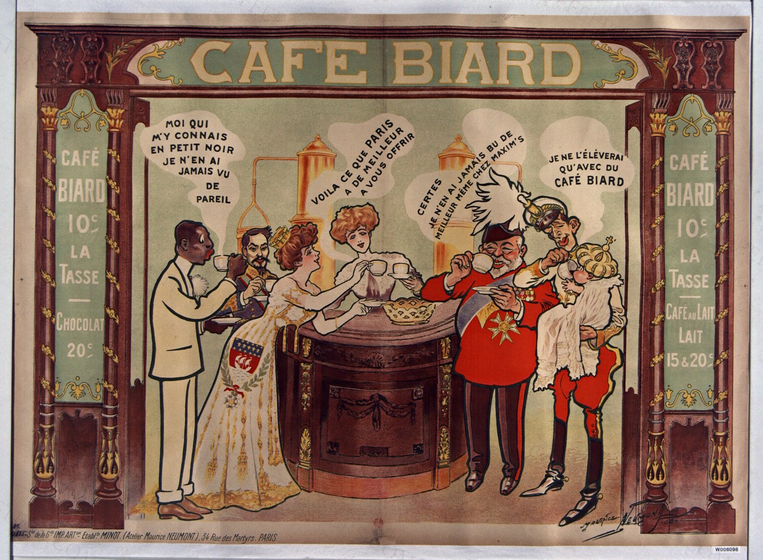 Café Biard, café 10 c la tasse, chocolat 20 c, café au lait, ..