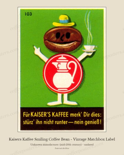 Kaisers Kaffee Smiling Coffee Bean - Vintage Matchbox Label