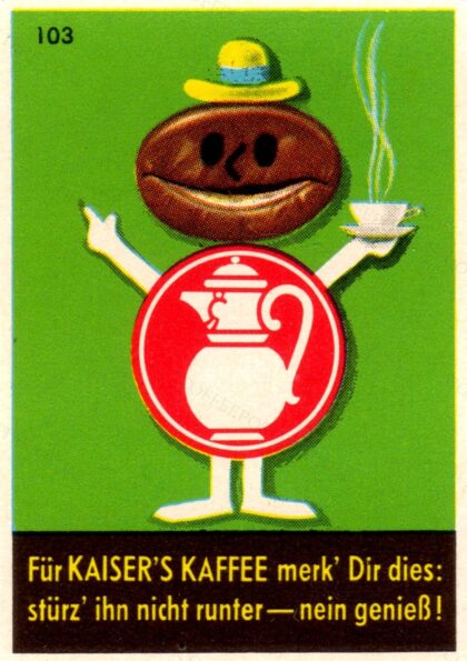 Kaisers Kaffee Smiling Coffee Bean - Vintage Matchbox Label