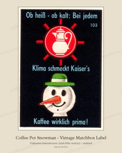 Coffee Pot Snowman - Vintage Matchbox Label