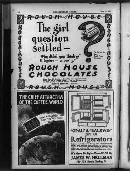 [Page of advertisements for Rough House chocolates, Newmarks coffee and Opal & Baldwin dry air refrigerators]
