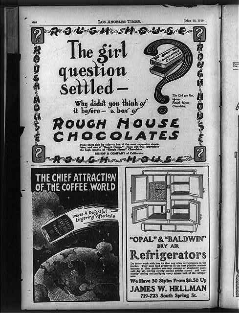 [Page of advertisements for Rough House chocolates, Newmarks coffee and Opal & Baldwin dry air refrigerators]
