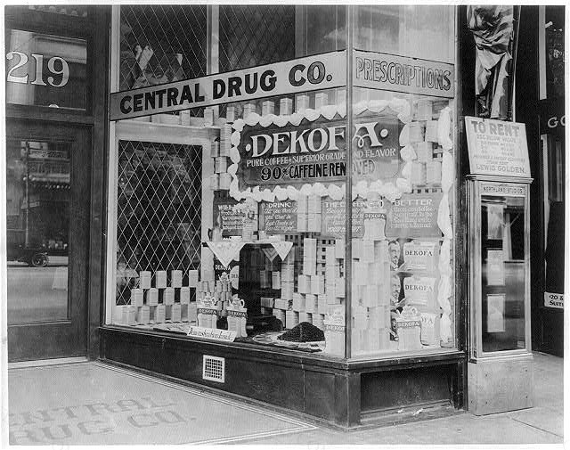 Window display of the Central Drug Co. [in Detroit, Mich.] featuring Dekofa, a decaffeinated coffee distrib…