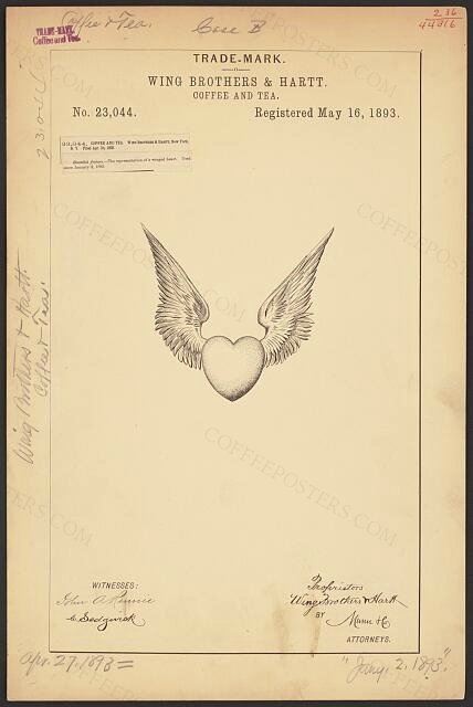 [Trademark registration by Wing Brothers & Hartt for [Heart with Wings Logos] brand Coffee and Tea]