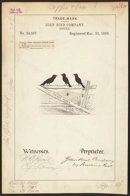 [Trademark registration by John Bird Company for [Three Crows on a Fence Logo] brand Coffee]