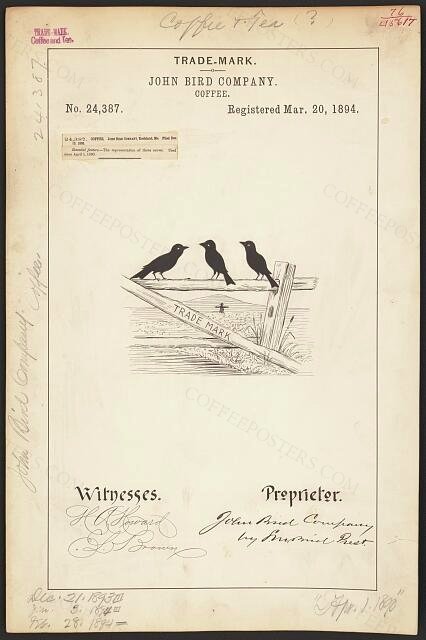 [Trademark registration by John Bird Company for [Three Crows on a Fence Logo] brand Coffee]