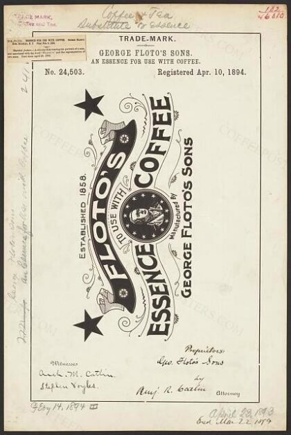 [Trademark registration by George Floto's Sons for Floto's brand An Essence For Use With Coffee]