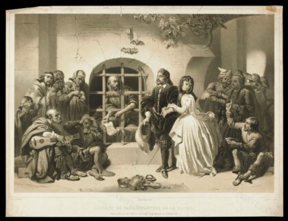 Salomon de Caus incarcerated in the mental asylum of Bicêtre. Lithograph by Lafosse after J.J. Lecurieux, 1845