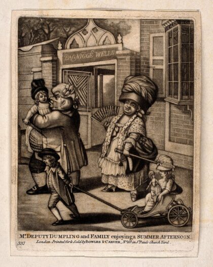 Bagnigge Wells, London: a family group, the Dumplings, on a day out. Mezzotint